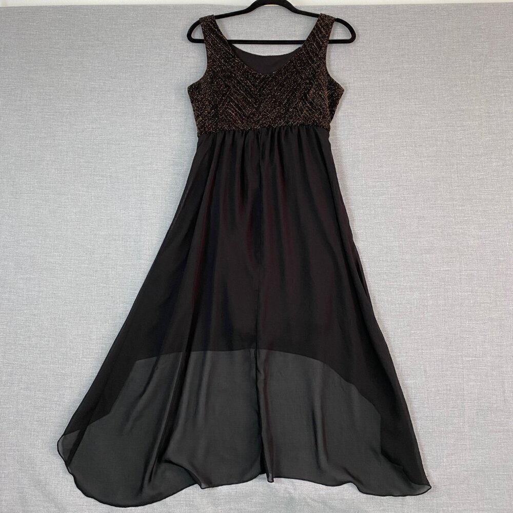 Jolie Sleeveless Dress Metallic Top Sheer Sharkbite Overlay on Skirt Sz 10